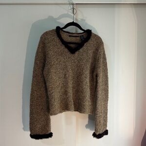 Cozy Tan Wool Blend Sweater with Dark Brown Trim